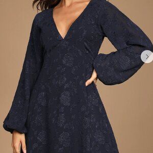 Lulu's Chic Ways Navy Blue Floral Jacquard Long Sleeve Mini Dress